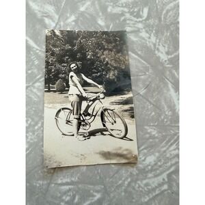 Vtg 1940s 1950s Snapshot Woman on Cruiser Bicycle Black White Photo 2.75x1.75